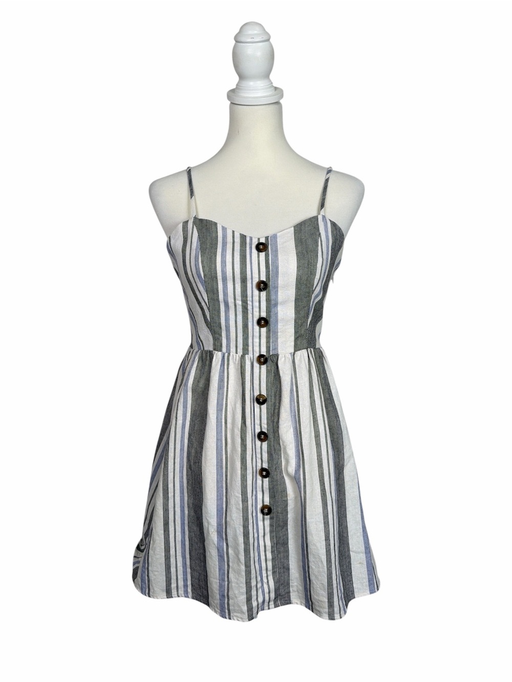 Guess Los Angeles Striped Linen Button Front Sundress Mini Dress Blue White